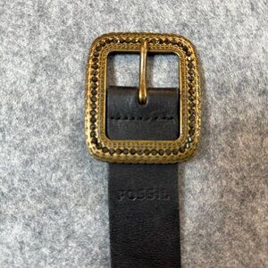 Fossil Belt Womens Large Black Leather Rhinestones Square Buckle Gold-Tone